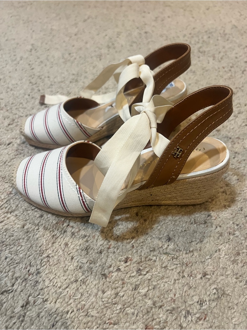 Tommy Hilfiger Cream Striped Espadrille Wedges with Brown Leather Slingback